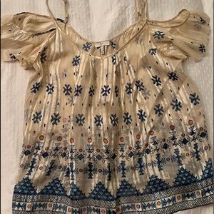 Joie silky blue and cream top with cut-out shoulders